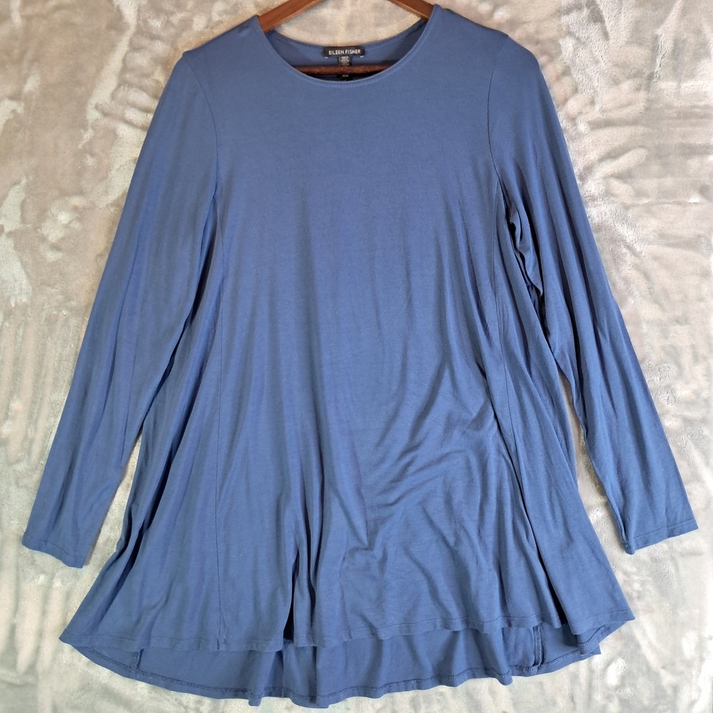 Eileen Fisher Tencel Viscose Jersey Long Sleeve A-Line Tunic Top Medium Blue M